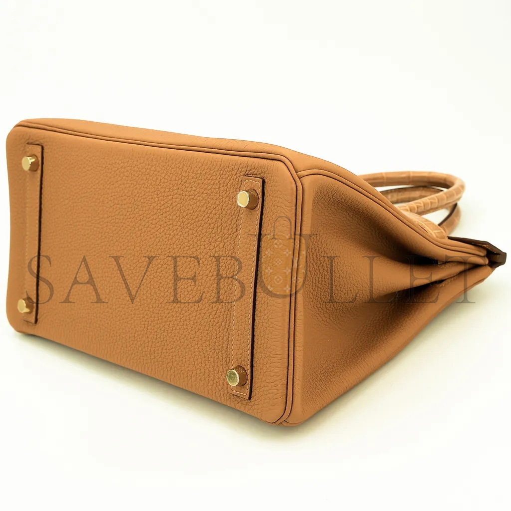 H**mes master birkin 25 crocodile and togo leather golden brown gold buckle h076216ck42 (25*20*13cm)